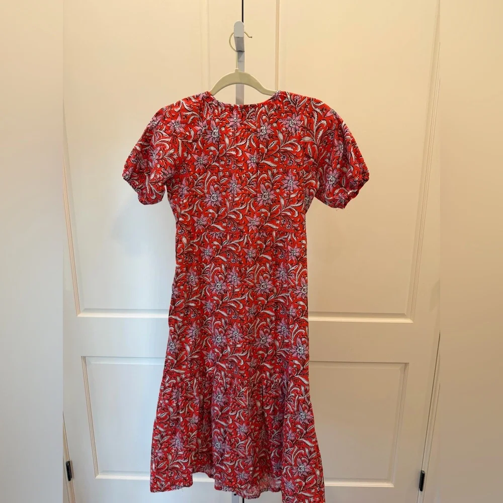 LOFT Red & Pink Floral Button Front Short Sleeve Ruffle Hem Midi Dress XS Petite - Picture 4 of 5